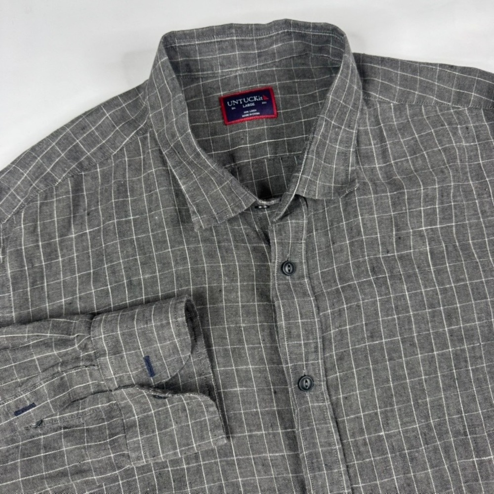 UNTUCKit Linen Button Down Shirt Mens Large Gray Plaid Long Sleeve Windowpane - Picture 1 of 8